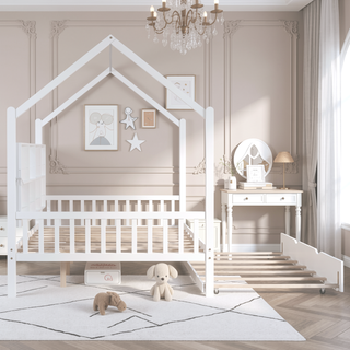 Sunvega Wooden Twin Size House Bed with Trundle and Playhouse Design Shelf