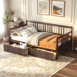 Sunvega Full Size Daybed with Twin Trundle Solid Wood Frame for Living Room
