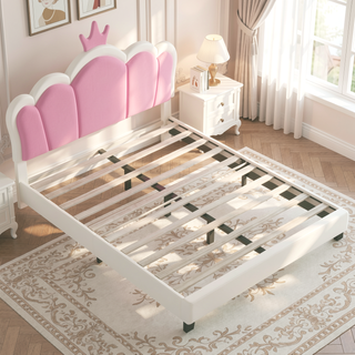 Sunvega Cream Pink Full Size Princess Bed with Crown Headboard and Footboard