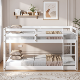 Sunvega Twin over Twin Floor Bunk Bed with Ladder and Strengthened Slats in Espresso