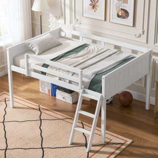 Sunvega White Full Size Low Loft Wood Bed with Convertible Left or Right Ladder