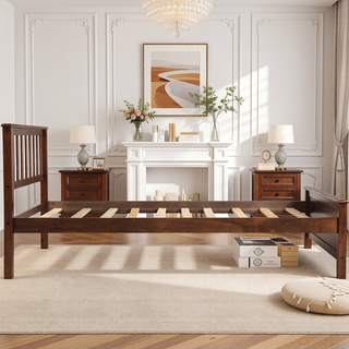 Sunvega White Twin Size Wood Platform Bed with Headboard and Sturdy Wood Slat Support