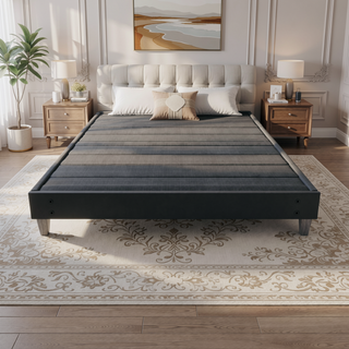 Sunvega Easy Assembly Modern Faux-Wood Legs Fabric Covered Twin Bed Frame