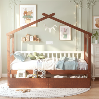 Sunvega Twin Size Wooden House Bed with Drawers and Headboard for Kids Room
