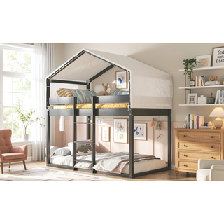 Sunvega Twin Over Twin Wood Bunk Bed with Playhouse Tent for Kids Room