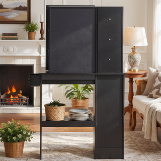 Sunvega Small Space Vanity Table with Cushioned Stool and Extra Large Sliding Mirror