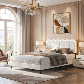Sunvega Cream Petal Headboard Bed Frame with Atmosphere Light for Bedroom