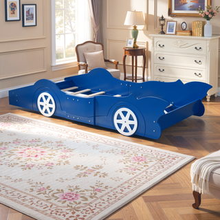 Sunvega Blue Twin Size Race Car-Shaped Platform Bed with Wheels for Kids