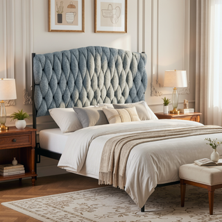Sunvega Braided Matisse Twin Size Headboard in Black Metal and Blue Fabric