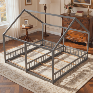 Sunvega Twin Size House Shaped Platform Beds with Safety Guardrails and Roof