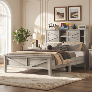 Sunvega Full Size Farmhouse Platform Bed with Double Sliding Barn Door and Charging Station