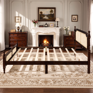 Sunvega King Pine Wooden Bed with Rattan Headboard and Footboard, Walnut
