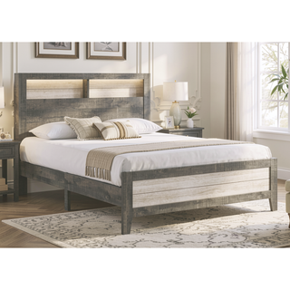 Sunvega King Size Platform Storage Bed with Plank-style Headboard and Built-in Lighting
