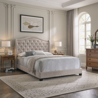 Sunvega Copper Beige Upholstered Queen Wingback Bed with Classic High Back Design
