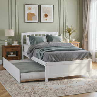 Sunvega Twin Size Gray Wood Platform Bed Frame with Trundle for Maximized Space