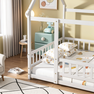 Sunvega Natural Wood House Roof Frame Floor Bed with Safety Guardrails