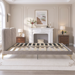 Sunvega King Size Velvet Upholstered Bed with Foam-Padded Headboard and Gold-Plated Legs