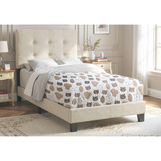 Sunvega Twin Size Upholstered Platform Bed Frame with Tufted Backrest in Beige Linen Look