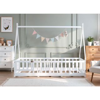 Sunvega Twin Tent Teepee Bed with Guardrails Slats and Door in Grey