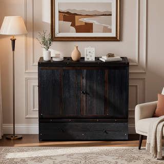 Sunvega Espresso Full Size Murphy Bed with USB Port and Large Drawer for Space Saving