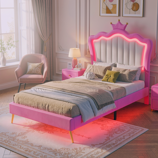 Sunvega Twin Size Princess Bed Frame with Crown Headboard and LED Lights