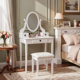 Sunvega Pink Wood Makeup Vanity Table and Stool Set with Mirror and Storage Drawers