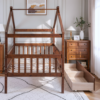 Sunvega Twin Size Wooden House Bed with Two Drawers and Headboard in White