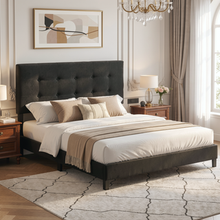 Sunvega Tufted Queen Panel Bed with Low Platform for Modern Bedroom Decor