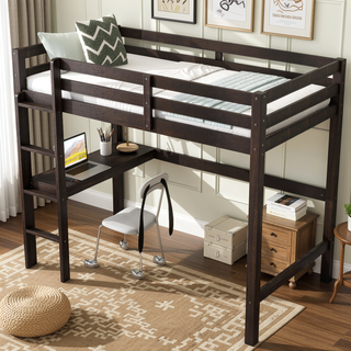 Sunvega Twin High Loft Bed with Built-in Desk and Ladder in Espresso Rubber Wood