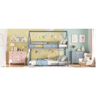 Sunvega Twin Over Twin House Floor Bunk Bed with Headboards and Guardrails Ladder