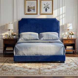 Sunvega Blue Queen Panel Bed with Scooped Headboard and Upholstered Footboard