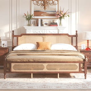 Sunvega King Pine Wooden Bed with Rattan Headboard and Footboard, Walnut