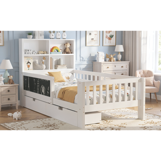 Sunvega Twin Solid Wood Platform Bed with Chalkboard Headboard and Storage Drawers