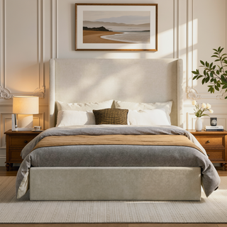 Sunvega Minimalist Upholstered Wingback Bed Frame with 54 Inch Headboard in Textured Ivory Canvas Chenille