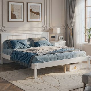 Sunvega Sturdy Wood Platform Bed Frame with Headboard for Queen Size Oak Finish