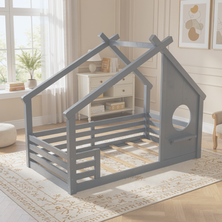Sunvega White Twin House Floor Bed with Window and Shelf for Kids Room