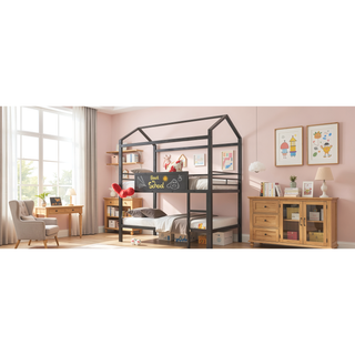 Sunvega Twin Size Metal Loft Bed with Slide and Two-Sided Writable Wooden Board