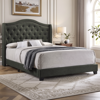 Sunvega Copper Beige Upholstered Queen Wingback Bed with Classic High Back Design