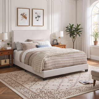 Sunvega Guyancourt Charcoal Upholstered Eastern King Panel Bed with Nailhead Trim