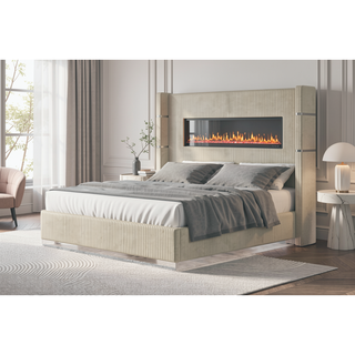 Sunvega Queen Size Upholstered Bed with Electric Fireplace and Bluetooth Speakers in Gray Velvet