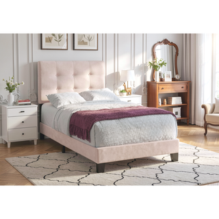 Sunvega Pink Velvet Upholstered Twin Size Platform Bed Frame for Youth Bedroom
