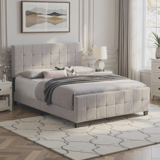 Sunvega Destiny Beige Upholstered Eastern King Panel Bed with Headboard and Footboard