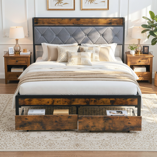 Sunvega King Bed Frame with Storage Headboard LED Lights and USB Charging Station
