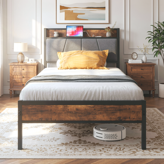 Sunvega Full Size Bed Frame with Storage Headboard and Charging Station Outlets