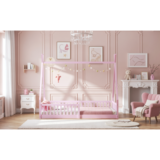 Sunvega White Distressed Washed Wood House Bed with Fence for Kids Twin Size
