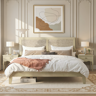Sunvega Solid Wood Queen Bed Frame with Rattan Headboard and Silent Slats