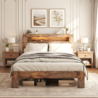 Sunvega King Size Wood Platform Bed Frame with Storage Headboard USB Charging and LED Light