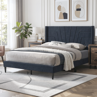Sunvega Light Brown Queen Size Upholstered Burlap Fabric Headboard Platform Bed