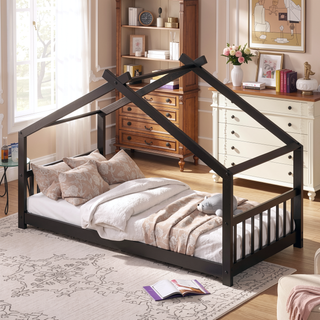 Sunvega Full Size Playhouse Design Wood Bed with Roof for Kids Room