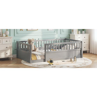 Sunvega Montessori Wooden Children's Floor Bed Frame with High Safety Fence